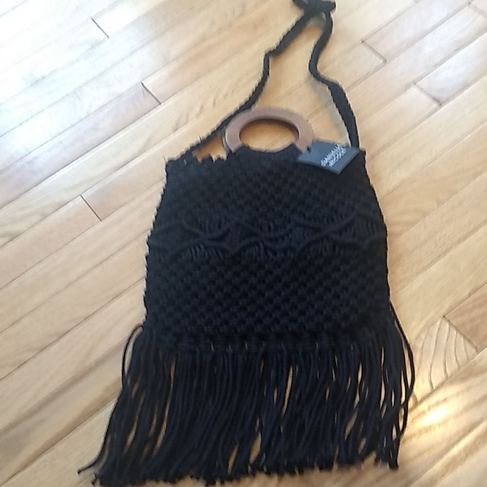 - Danielle Nicole black macrame fringe shoulder/clutch handbag NWT